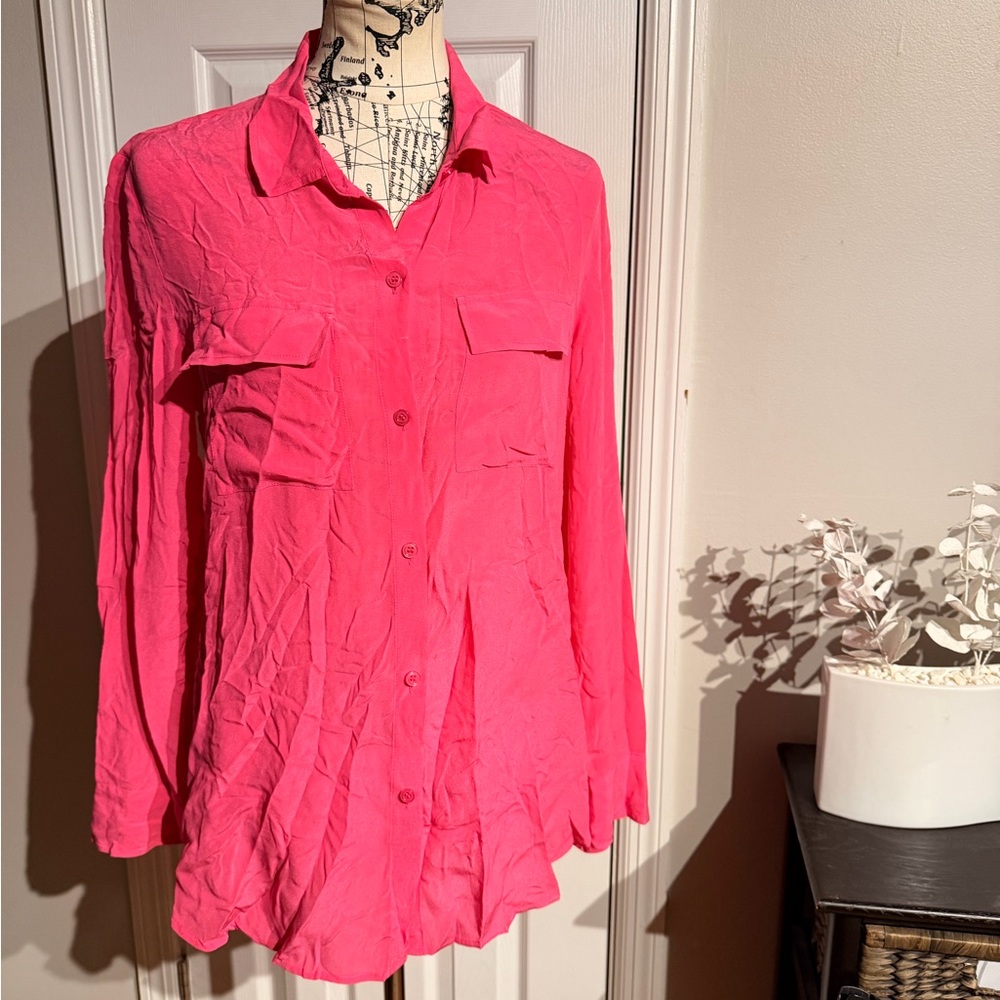 NWOT Victoria Secret Silk fuchsia long-sleeve button  vibrant coastal colorful M